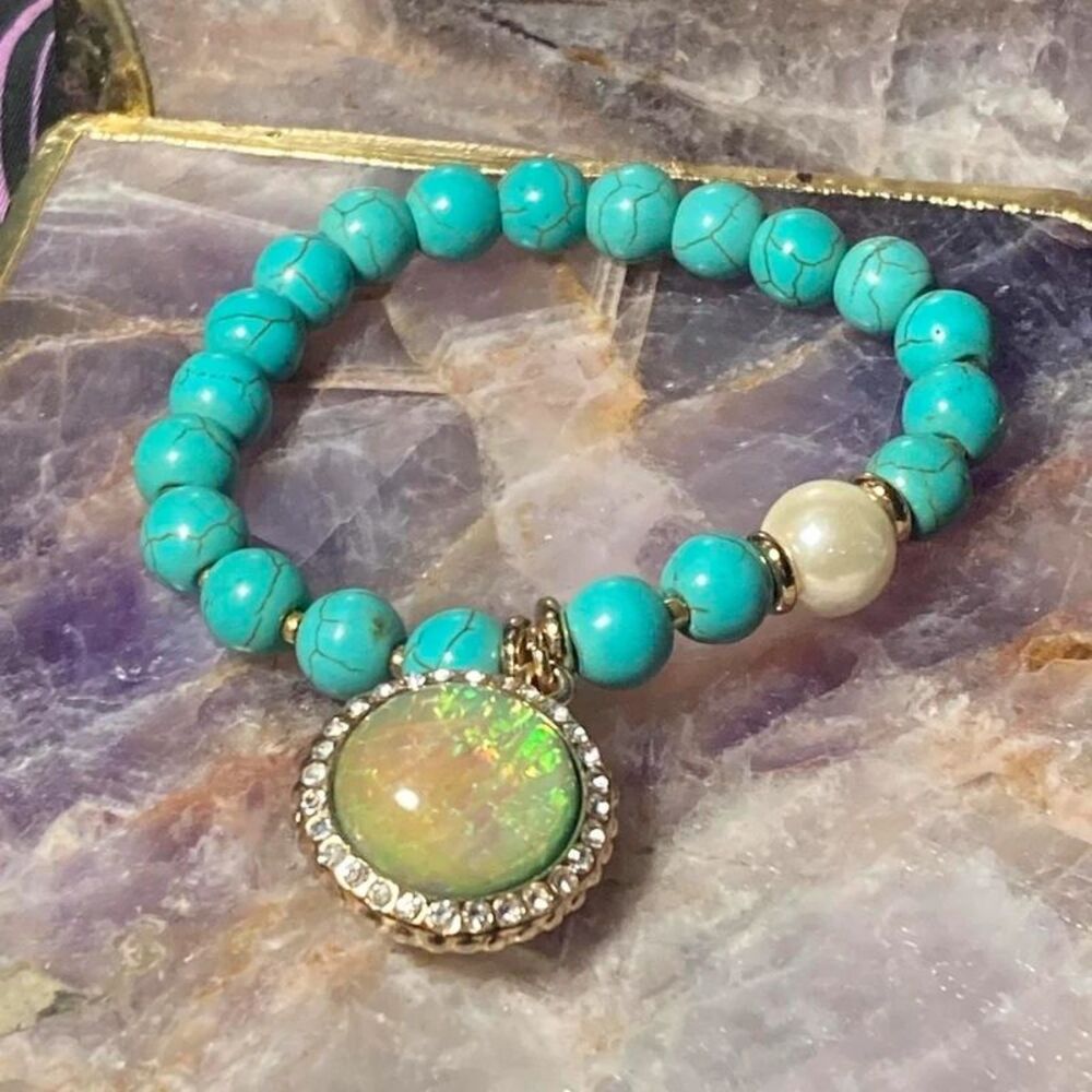Dyed blue howlite and gorgeous double sided faux opal bracelet